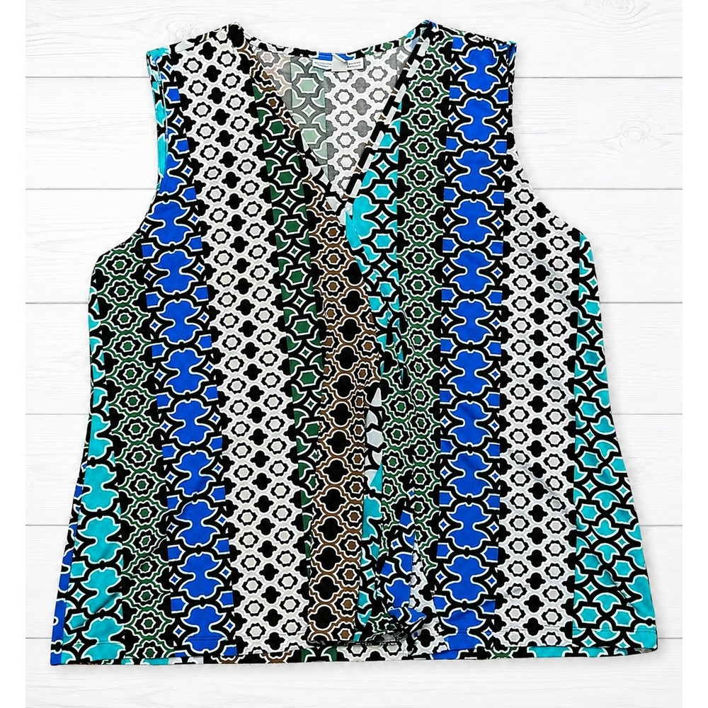 Dana Buchman Womens XL Blue Green Geometric Print‎ Sleeveless V-Neck Blouse Top
